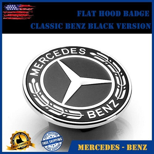FOR Black Classic Front Hood Emblem Flat Laurel Wreath Badge for Mercedes AMG 57mm