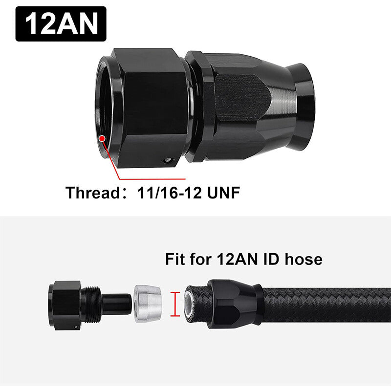 12AN PTFE Hose End Fitting Adapter AN12 Straight for PTFE Hose Line Only Black