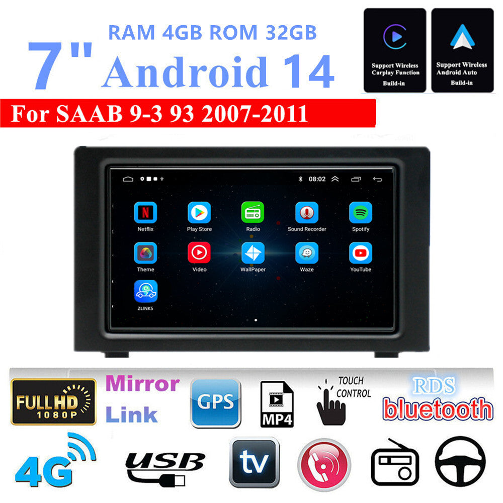 7Android 14 4+32GB Car Stereo Radio GPS Navigation for SAAB 9-3 93 2007-2011