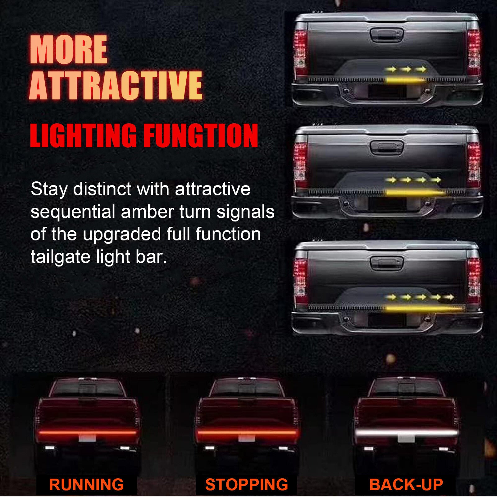New Rows Truck Strip Tailgate Light Bar Reverse Brake Tail Signal Lamp 624 LED