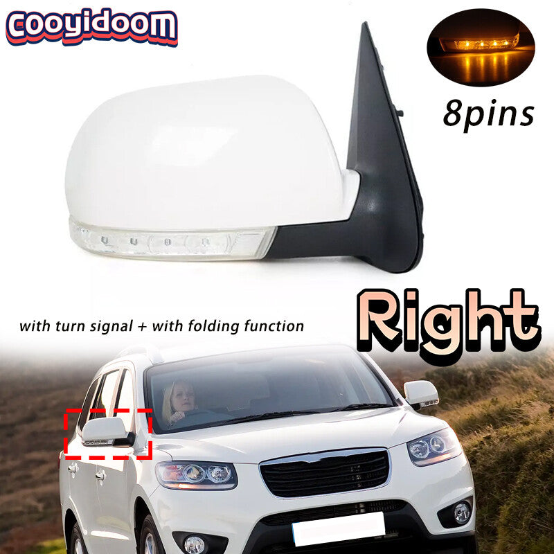 8-pin rearview mirror with light, white right side, suitable for Hyundai Santa Fe 2.4L/2.7L. (07-12)