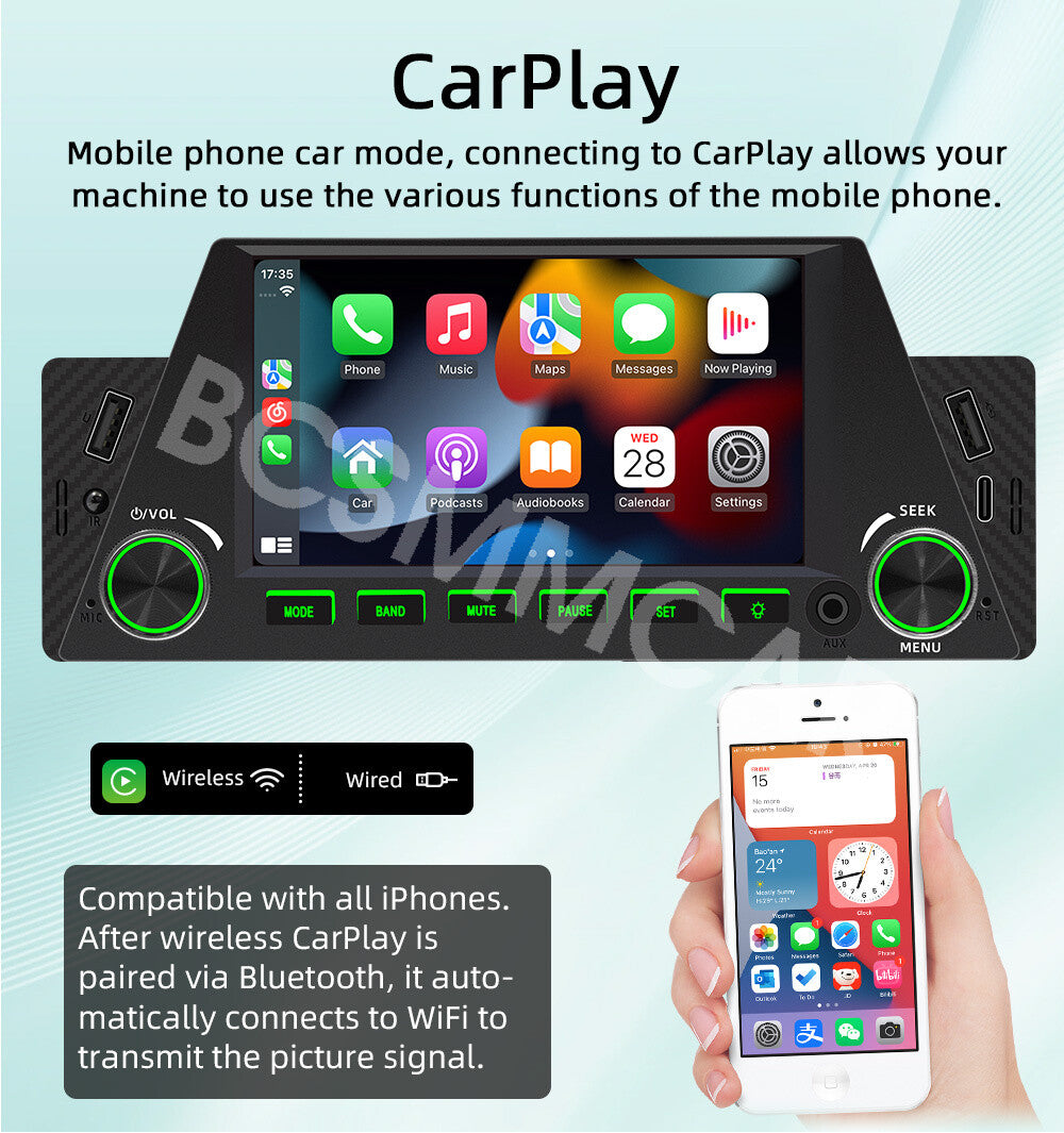 Car Stereo Radio For Apple Carplay Android Auto 4.7in 1Din Colorful Lights RDS