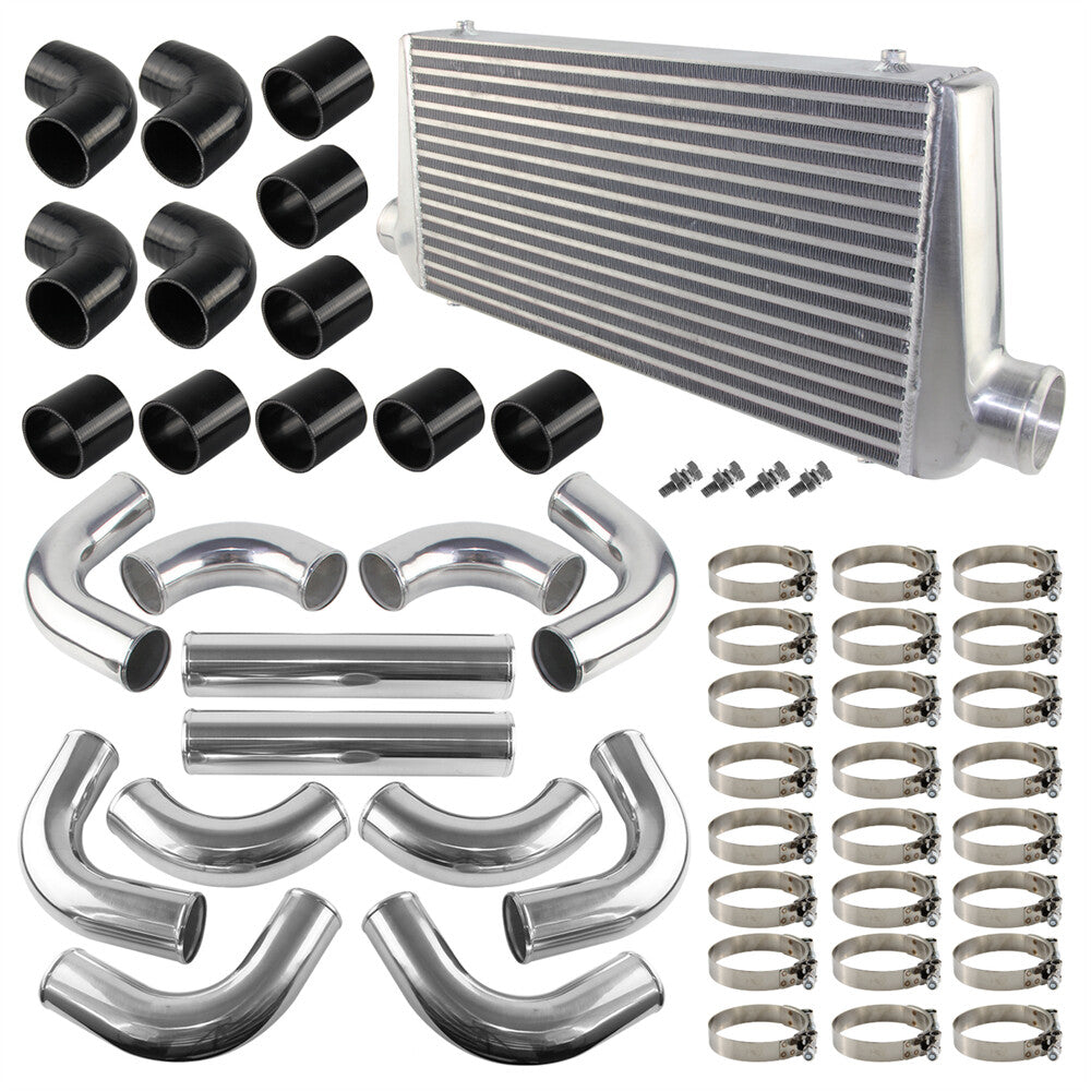 Universal Intercooler 600x300x76mm+12PCS 3 76mm Aluminum Piping Hose Clamps Kit