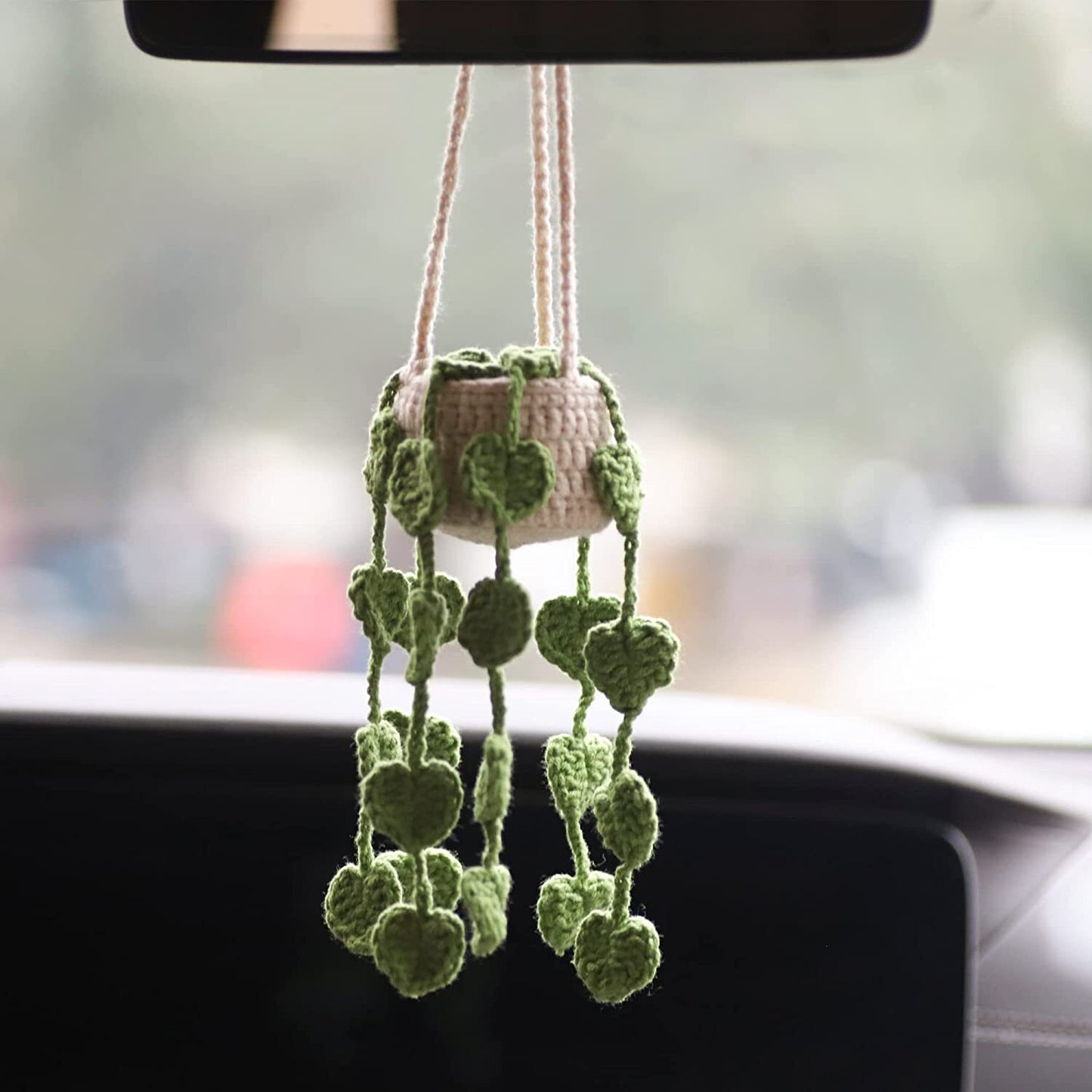 Car Plant Crochet Hanging Basket Cute Rearview Mirror Hanging Ornament SUV Decor