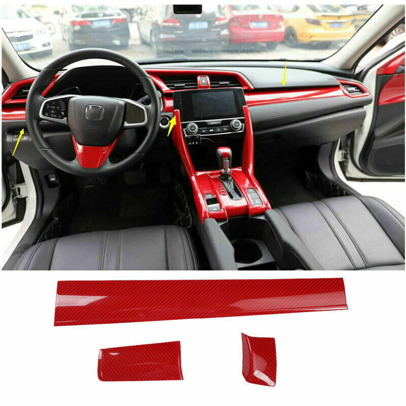 3X Car Dashboard Panel Cover Red Carbon Fiber ABS for Honda for Civic 10th 2016-2021