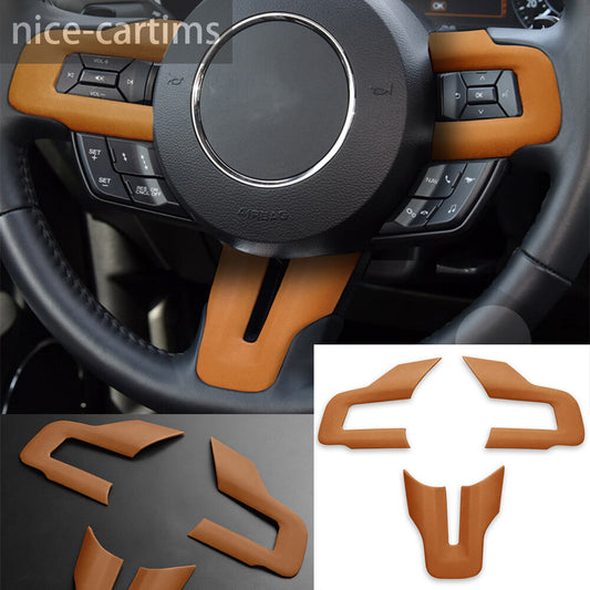 PU Leather Brown Interior Steering Wheel Button Cover for Ford for Mustang 2015-2023