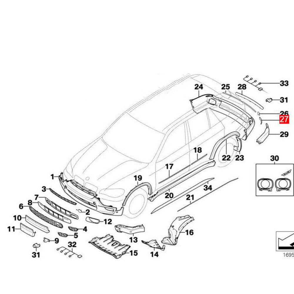 Rear bumper reflector light (right side, 63217158950) is suitable for BMW X5 E70 xDrive35i xDrive50i.