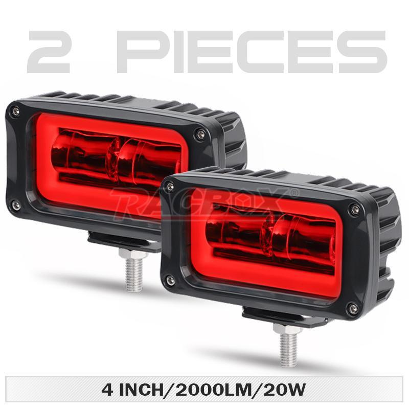2X 4inch LED Work Light Bar RED Halo DRL Offroad Cube Pods Spot Fog SUV Driving