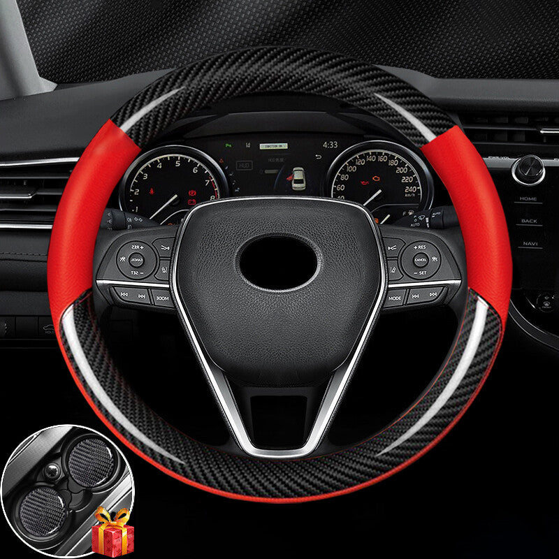 Apply To15 Carbon Fiber Leather Car Steering Wheel Cover Red Leather for Toyota