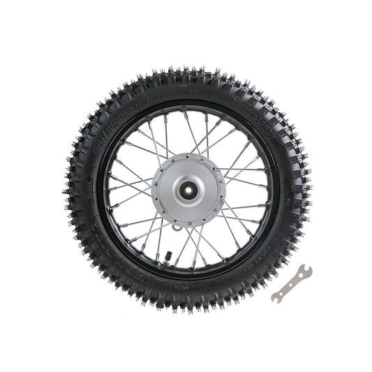 12-inch front wheel, 60/100-12 tire, 1.4x12 rim, 1.4x12 ft diameter, suitable for bicycles with capacities of 50cc, 70cc, 110cc, or 125cc.