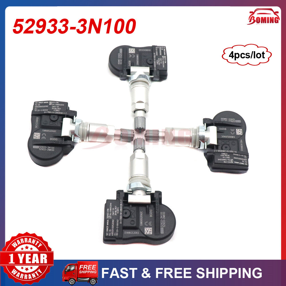 4-pack of new 52933-3N100 TPMS tire pressure sensors for Hyundai and for Kia Sorento.