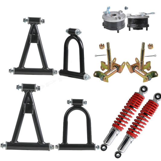 Front suspension arm kit upper/lower control arms for four-wheeled bicycles, all-terrain vehicles, and go-karts.