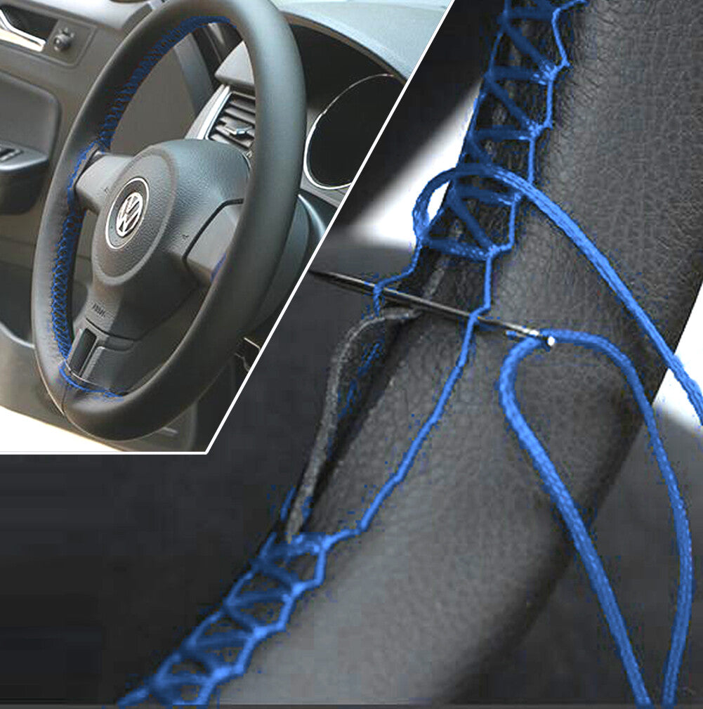 15 38cm Blue Car Hand Sew Steering Wheel Cover DIY GENUINE Leather Non Slip Mat