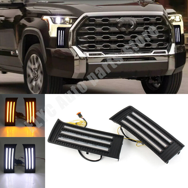 LED DRL daytime running lights, turn signals, and fog lights are suitable for Toyota Tundra 2022-2023 models.