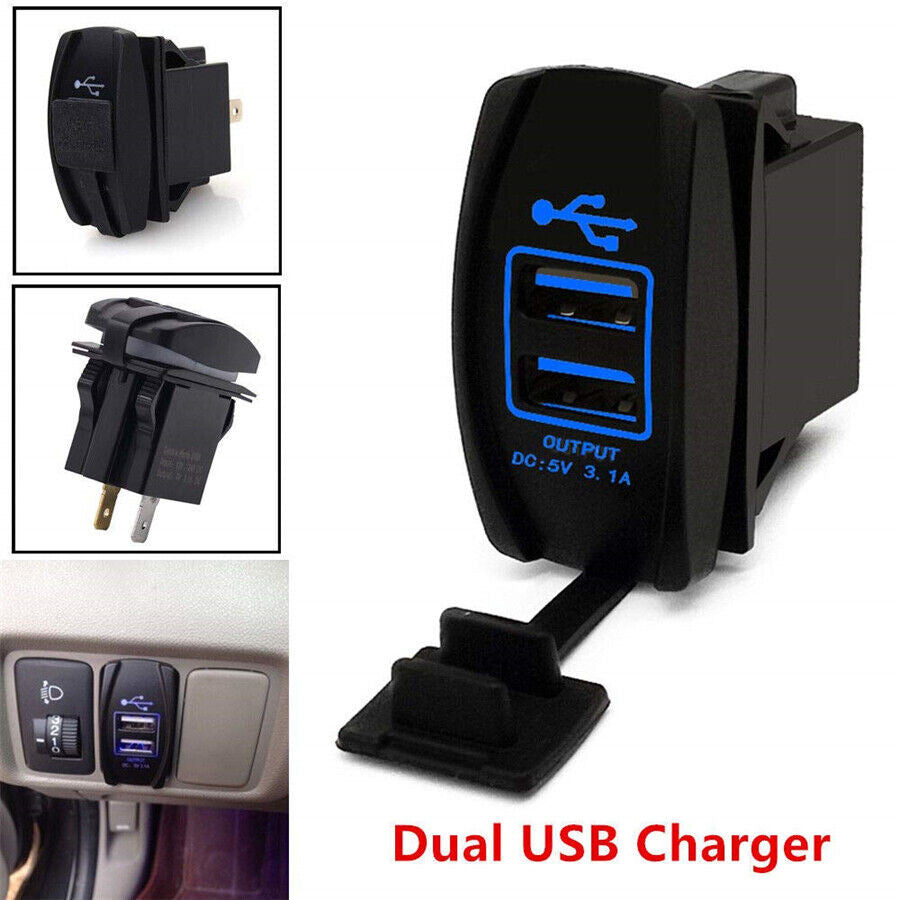 Car charger with 5V 3.1A dual USB ports, blue LED indicator, waterproof power supply.