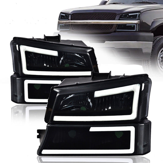 Suitable for 2003-07 Silverado Avalanche LED DRL headlights and bumper lights in smoked/black.