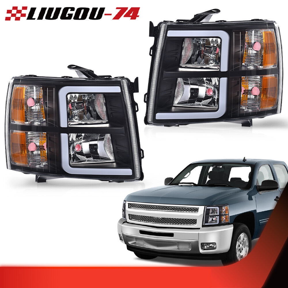 Suitable for a pair of 07-13 for Chevrolet Silverado black/amber LED DRL headlights.