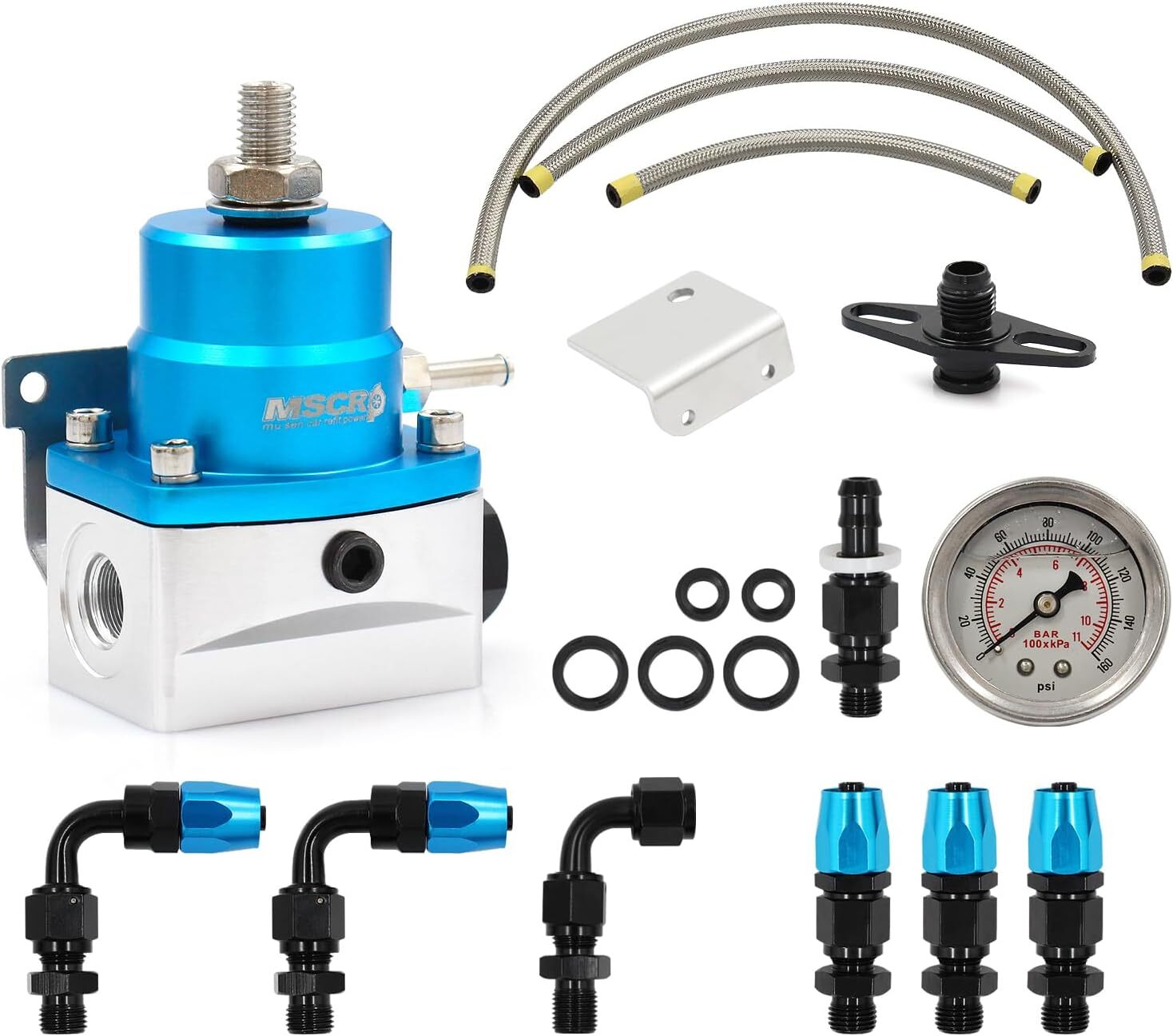 Universal Adjustable Fuel Pressure Regulator Kit 0-100psi Guage AN6 Blue Accessories