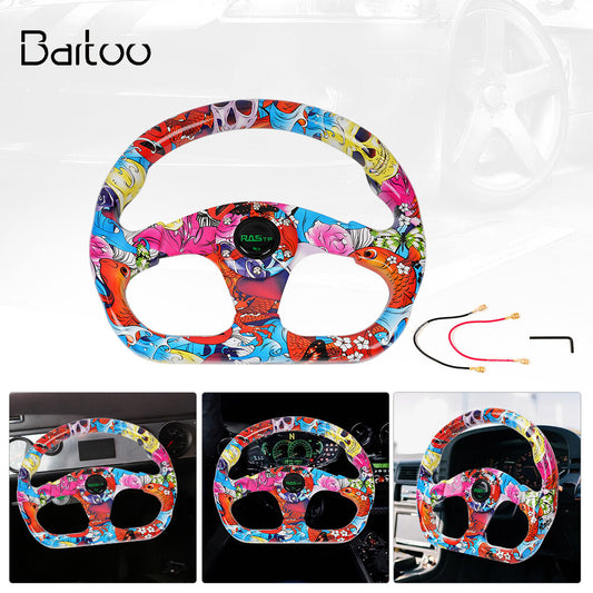 Universal 13 325mm Racing Graffiti Pattern Flat Steering Wheel with Horn Button