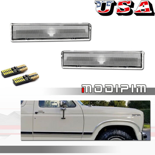 Transparent front corner side marker lights with amber bulbs suitable for 1980-1986 for Ford F150/250/350 models.