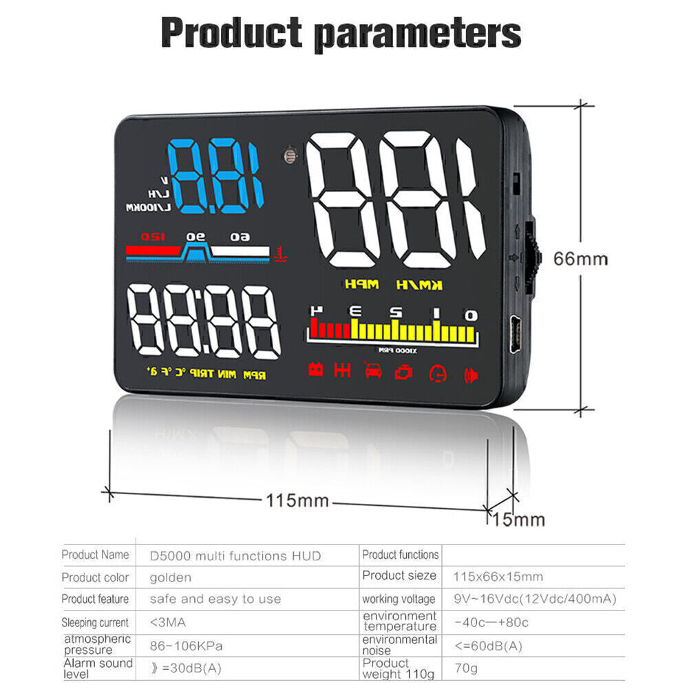 HUD D5000 OBD2 Head Up Display Digitaler Tachometer Projektor ¨¹berdrehzahl Alarm