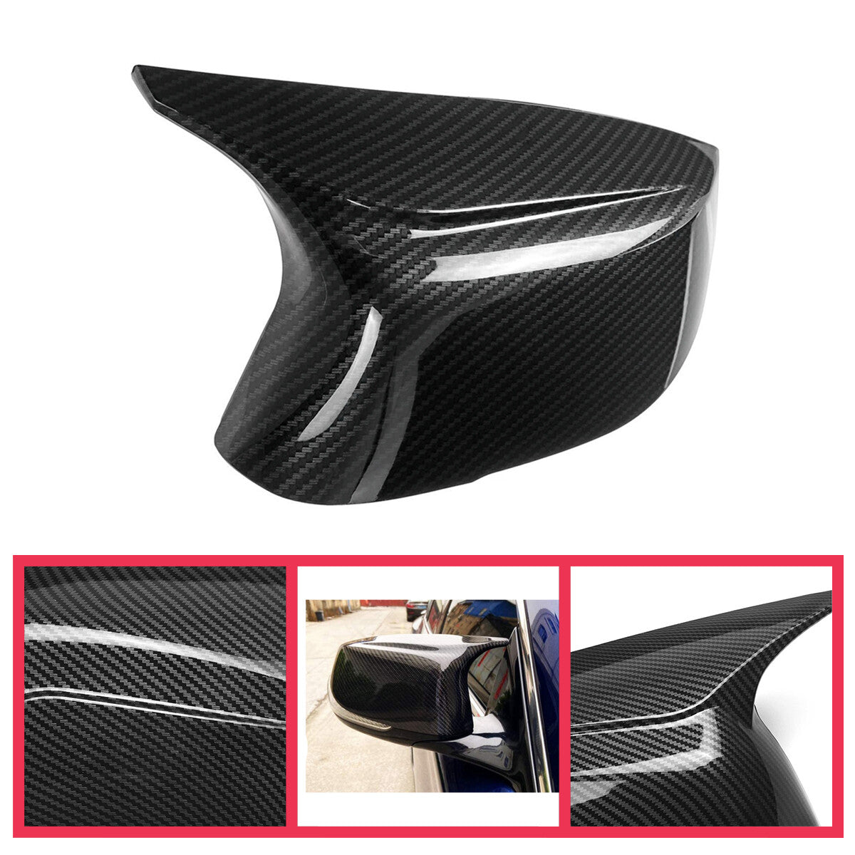 Two rearview mirror caps for 2014-2021 for Infiniti Q50, Q60, and M3 carbon fiber models.