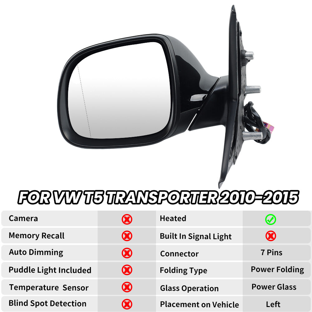 F¨¹r for VW T5 Transporter 2010-2015 Au?enspiegel R¨¹ckspiegel Schwarz Links 7 Draht