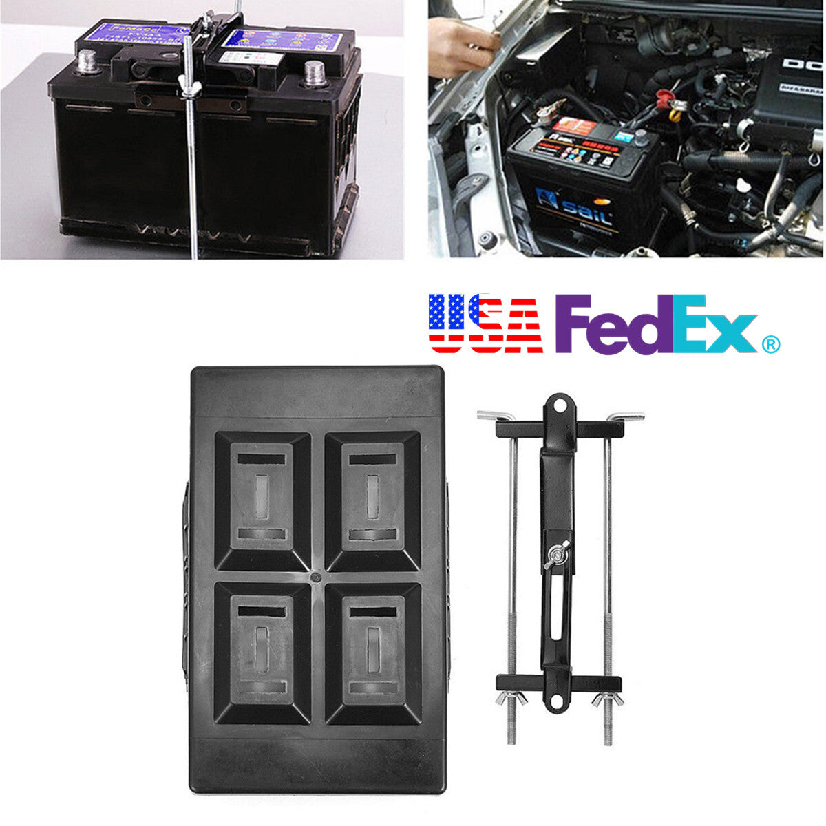 ABS Black Car Storage Battery Holder Hold Tray Adjustable Bracket 23cm Screw Rod