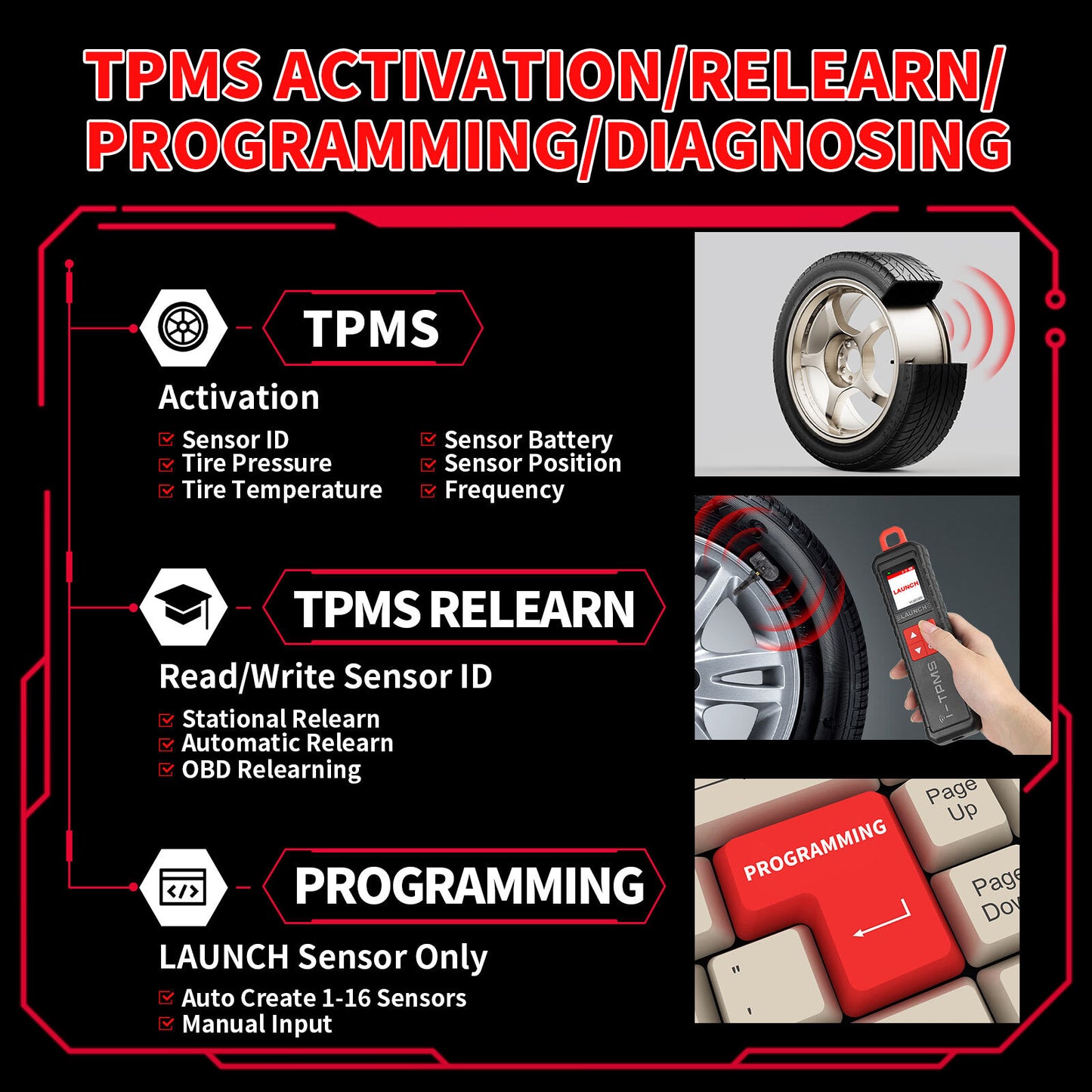 Launch i-TPMS Handheld Tire Pressure Detector Activation 315MHz/433MHz Sensor