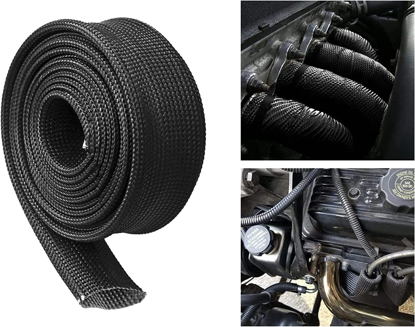 Adjustable flexible hose with heat-insulated fiberglass cover for hot spark plug wires suitable for automotive wiring.