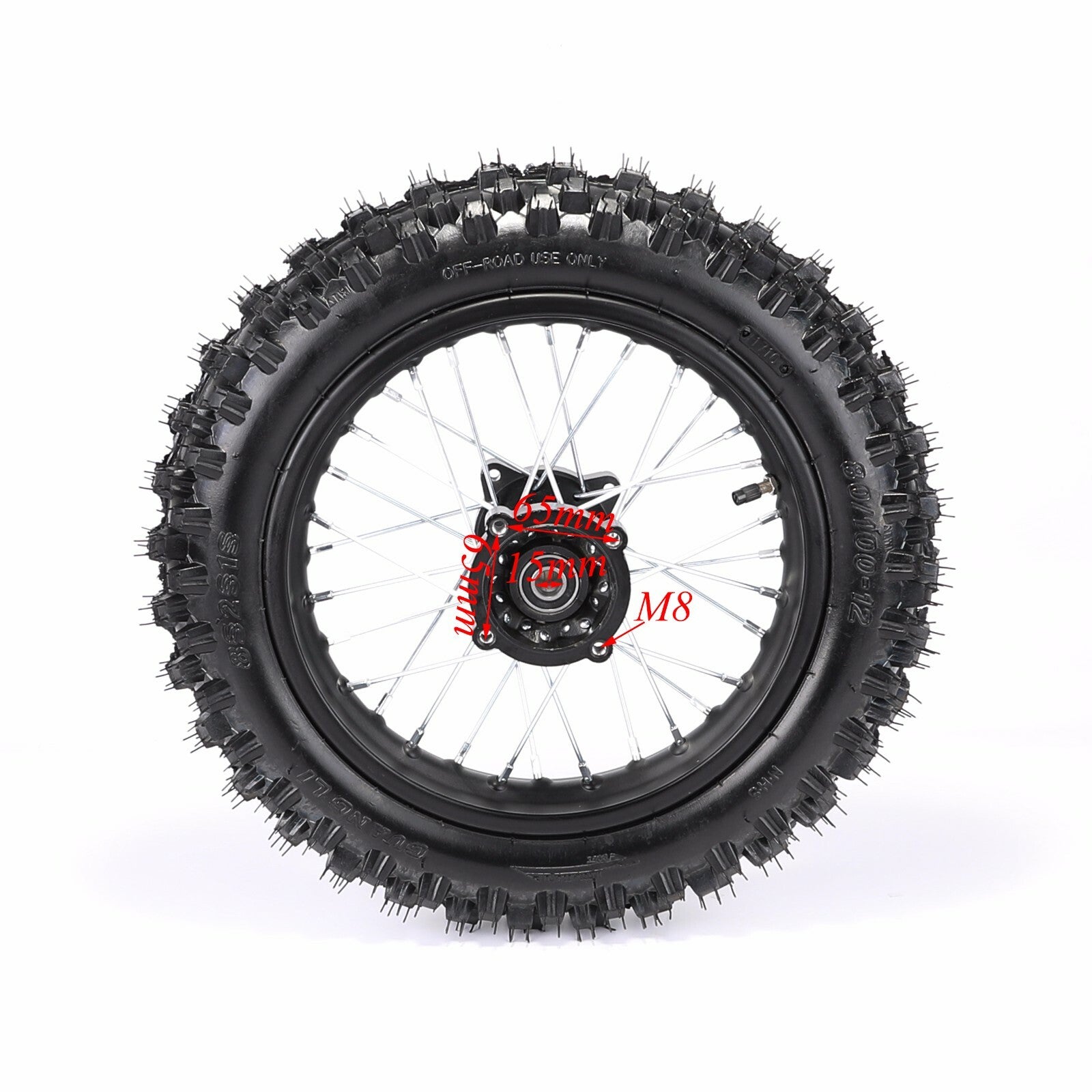 15mm 12-inch rear wheel kit with 80/100-12 rims for Apollo SSR 110cc/125cc Pit bikes.