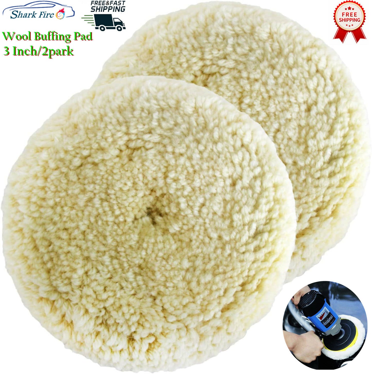 3-inch wool polishing pads, 2-pack, cushioning pads with hooks and loops for car cutting.