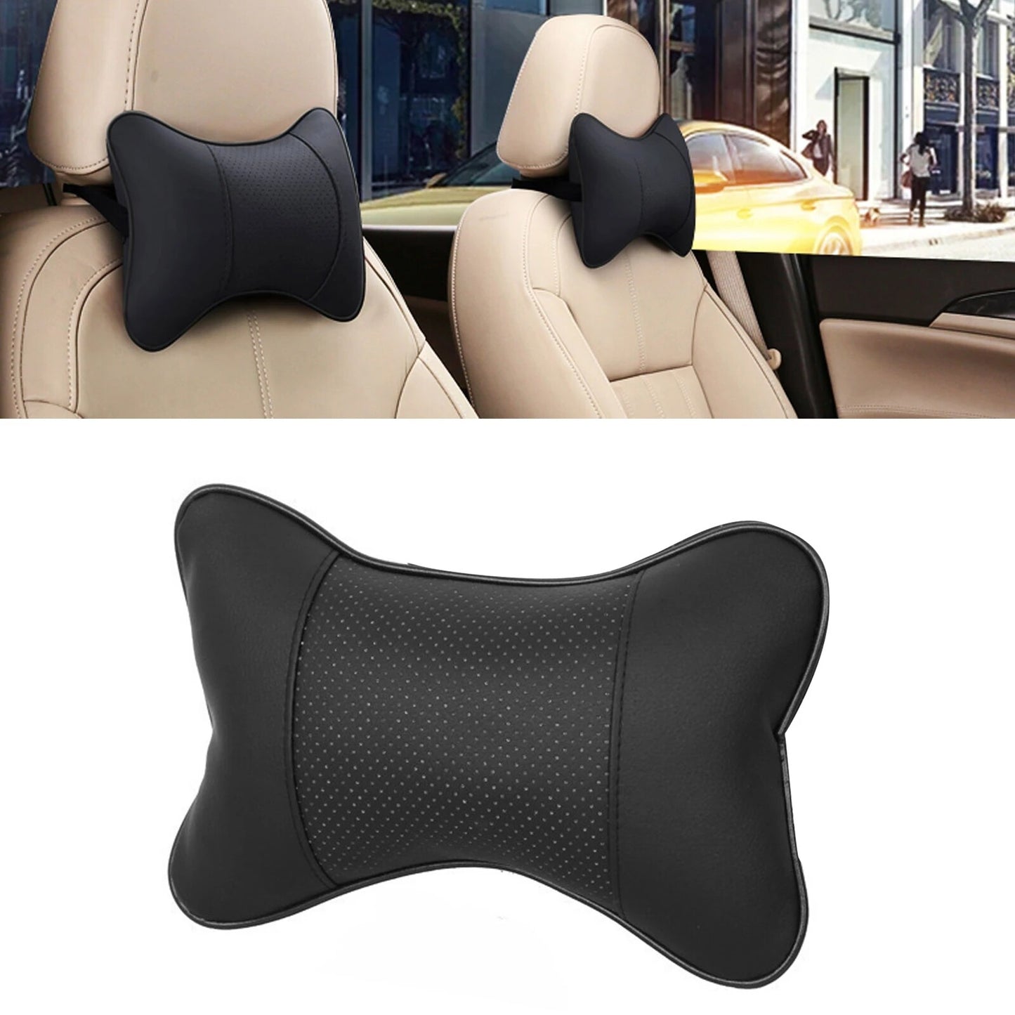 2pcs Car Neck Pillow PU Leather Ventilation Headrest Comfortable Pillow Cushion
