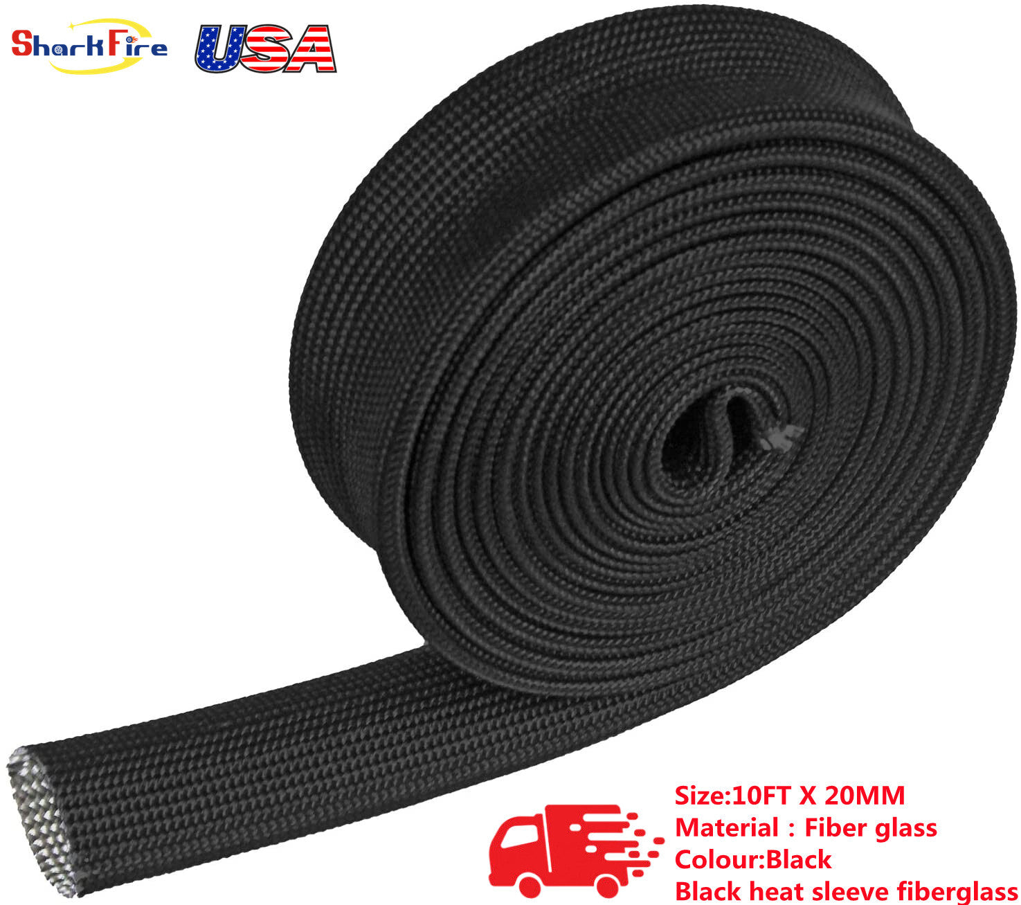 Heat hose fiberglass-wrapped shield for electrical wires and fuel lines, heat insulation cover, black, suitable for automotive applications.