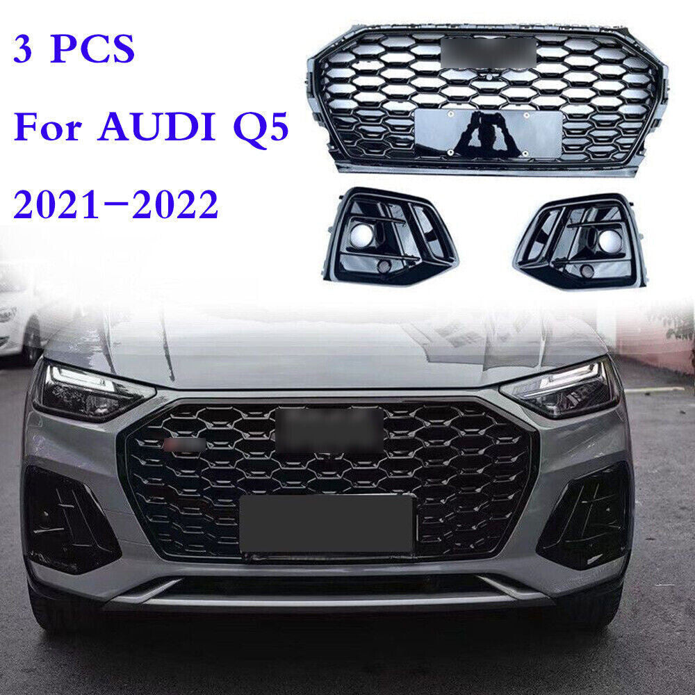 Front Bumper Honeycomb Grille+Fog Light Cover Grill for Audi Q5 2021-2022 Black