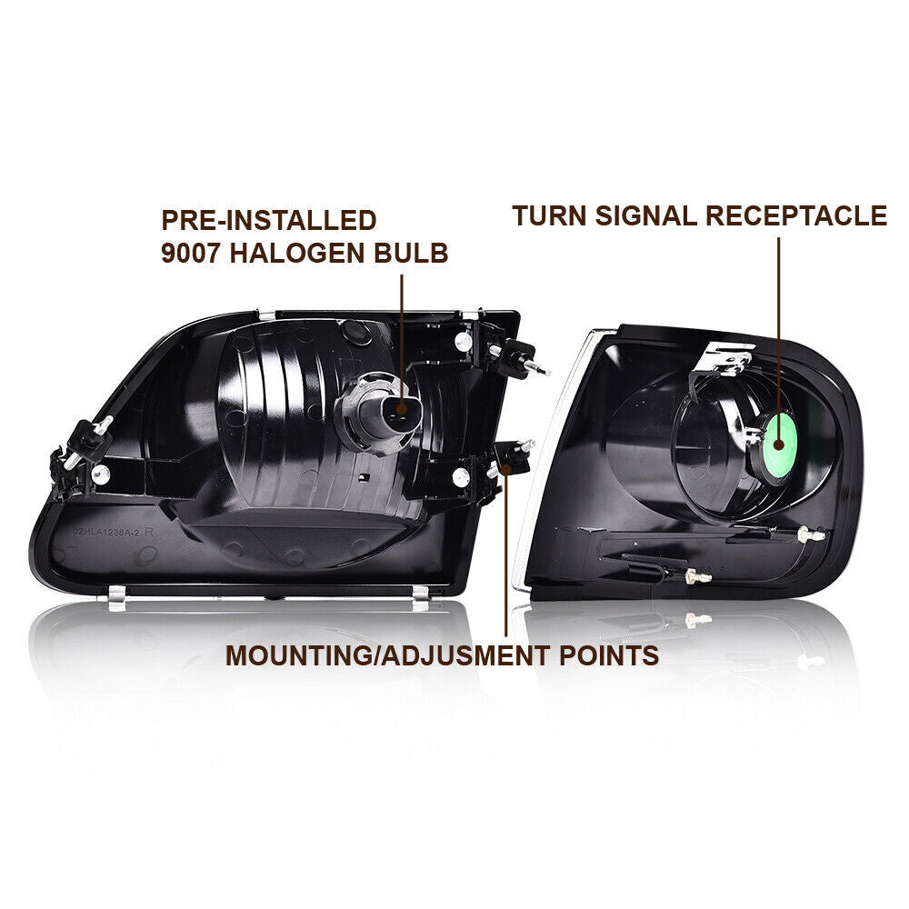A pair of transparent headlights with cornering lights suitable for the 1997-03 for Ford F150 and the 1999-02 Expedition.