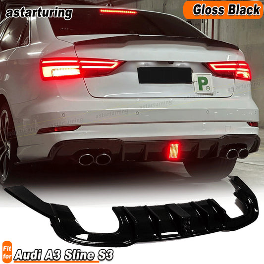 for Audi A3 Sline S3 Sedan 2017-20 Gloss Black Rear Bumper Diffuser Lip W/Light