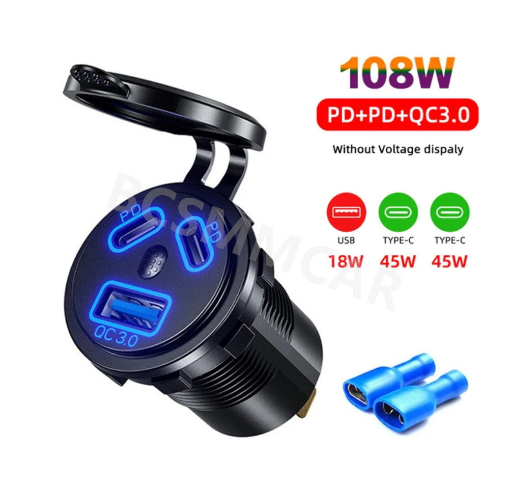 USB Type-C Car Charger Socket Power Outlet Phone Quick Charge Adapter Waterproof