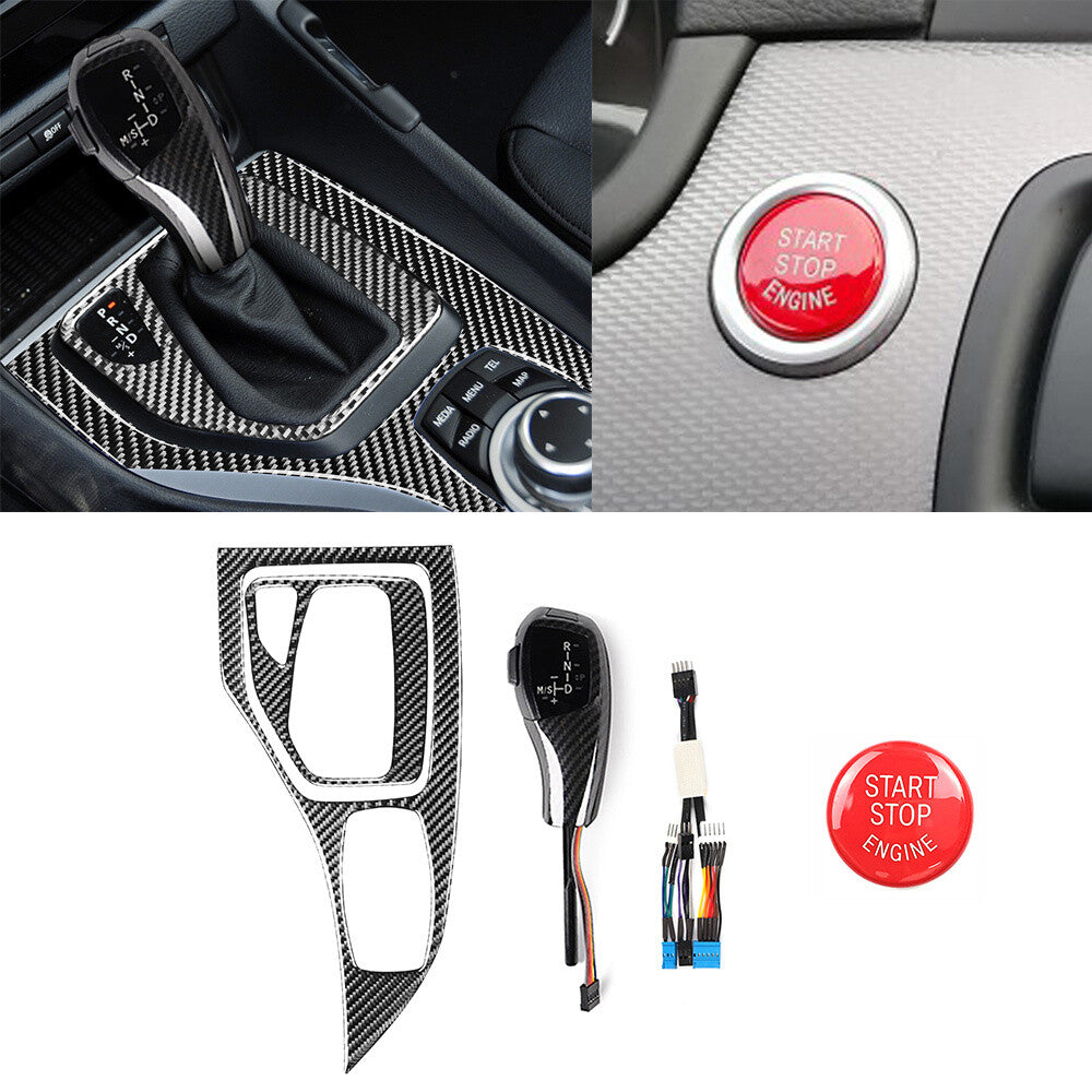 4¡ÁCarbon Fiber LED Gear Shift Knob Red Start Button Trim for BMW X1 E84 2011-15