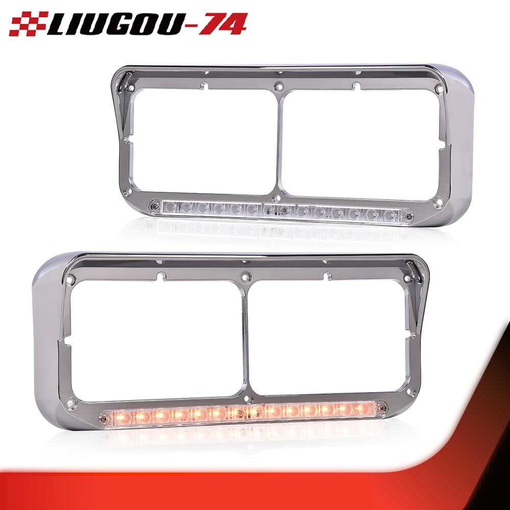 LED strip headlight bezel with visor suitable for dual rectangular 4x6 headlights with transparent lenses.