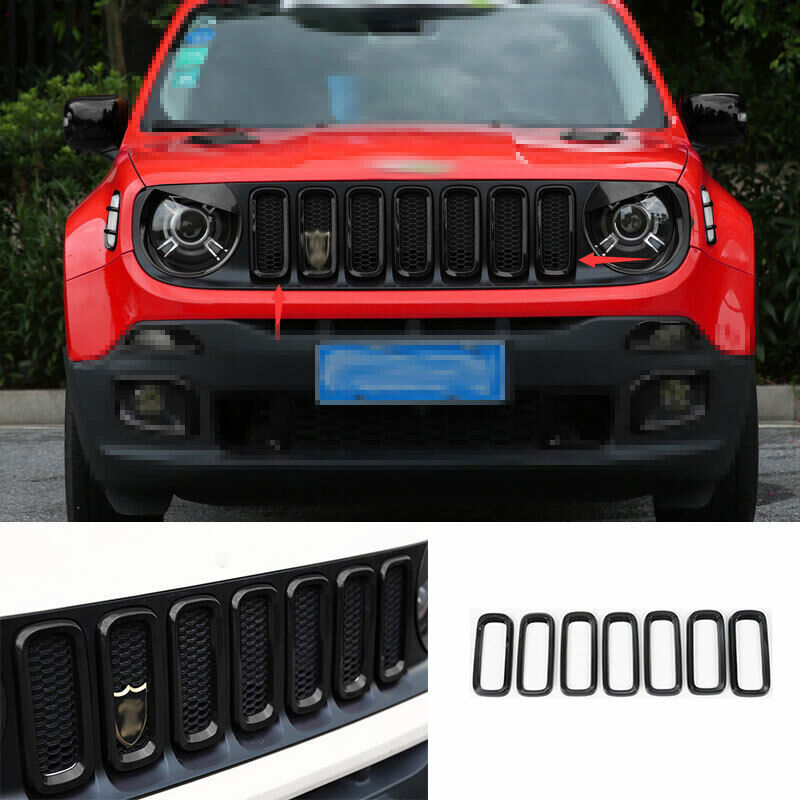 for Jeep Renegade 15-18 Black Front Upper Bumper Grill Grille Frame Trim Set 7Pc