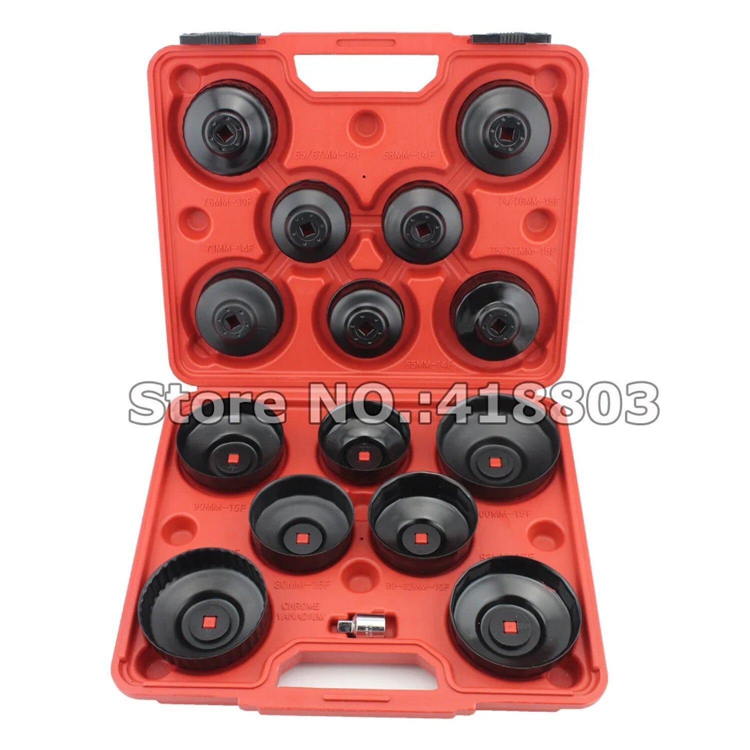 14-piece cup filter wrench tool kit for oil filter removal, socket set, repair, and oil change.