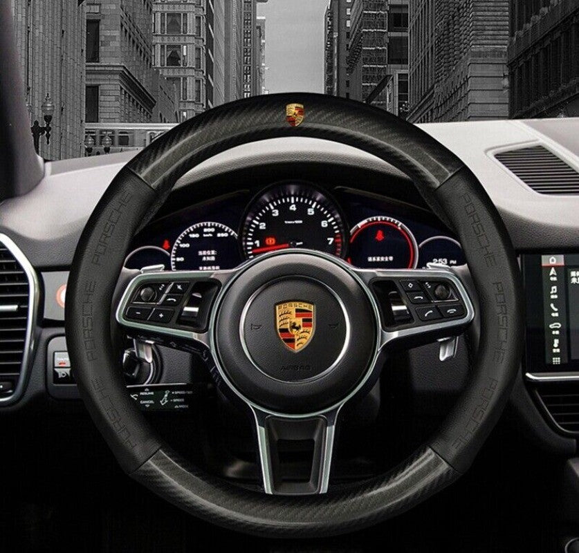 New protective cover for black 15-inch leather car steering wheel, suitable for Porsche .