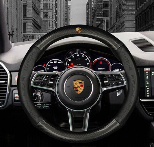 New protective cover for black 15-inch leather car steering wheel, suitable for Porsche .