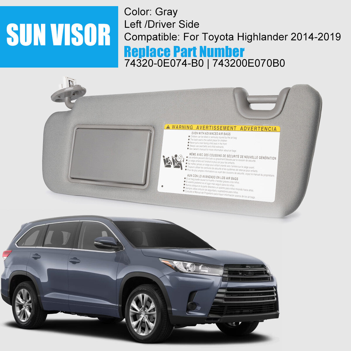 Left Sun Visor 74320-0E074-B0 for Toyota Highlander With Vanity Light 2014-2019
