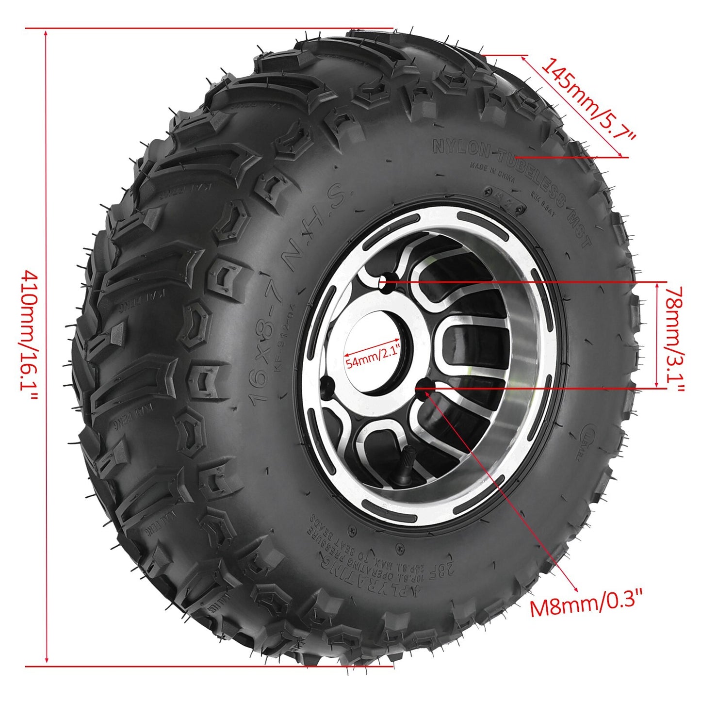 2-pack 16x8-7 all-terrain vehicle (UTV) wheels and tires, 16x8.00-7 go-kart tires with 3 lugs.