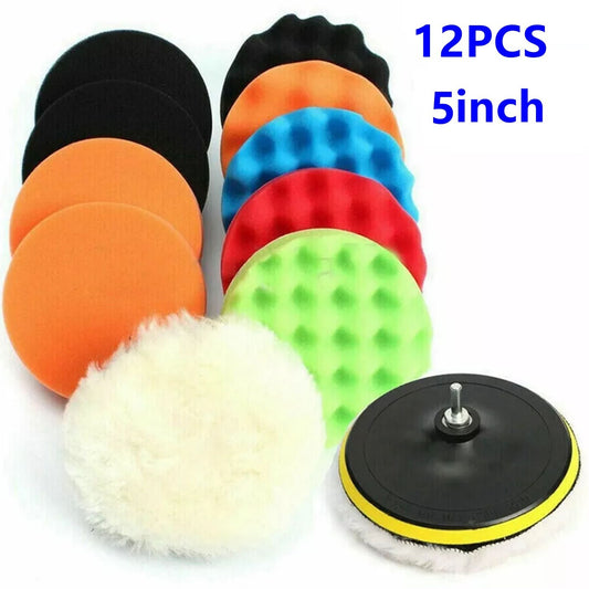 12-Piece 5-inch Car Polishing Pad Polishing Sponge Buffer Set Waxing Foam Polishing Machine Kit