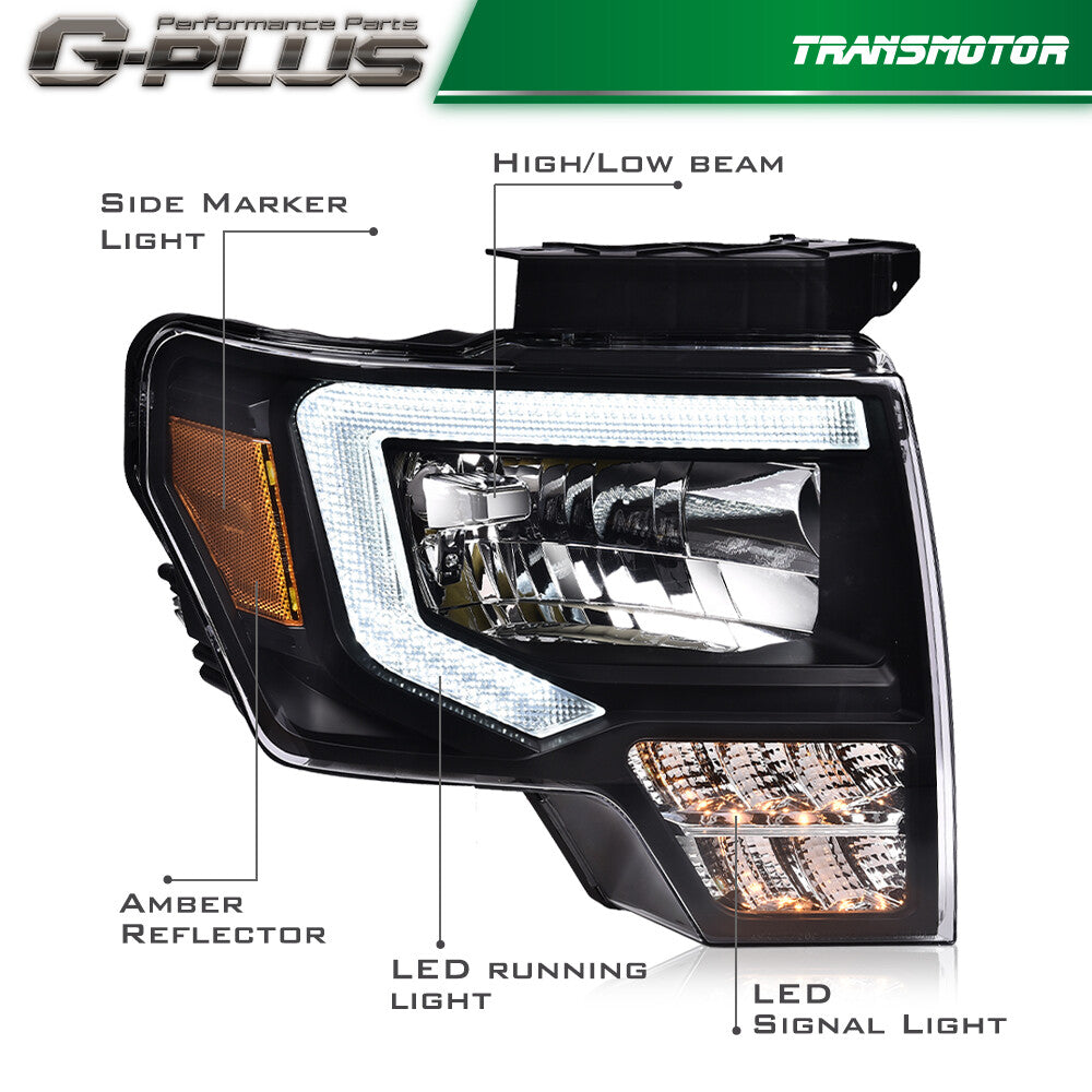 Suitable for 2009-2014 for Ford F-150 headlights, black/clear LED DRL headlights.