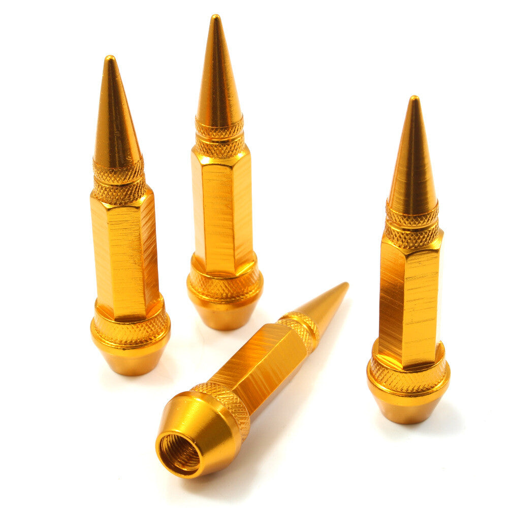 4 Gold Aluminum Metal Long Spike Wheel/Tire Valve Stem Car-Truck Air Caps Covers