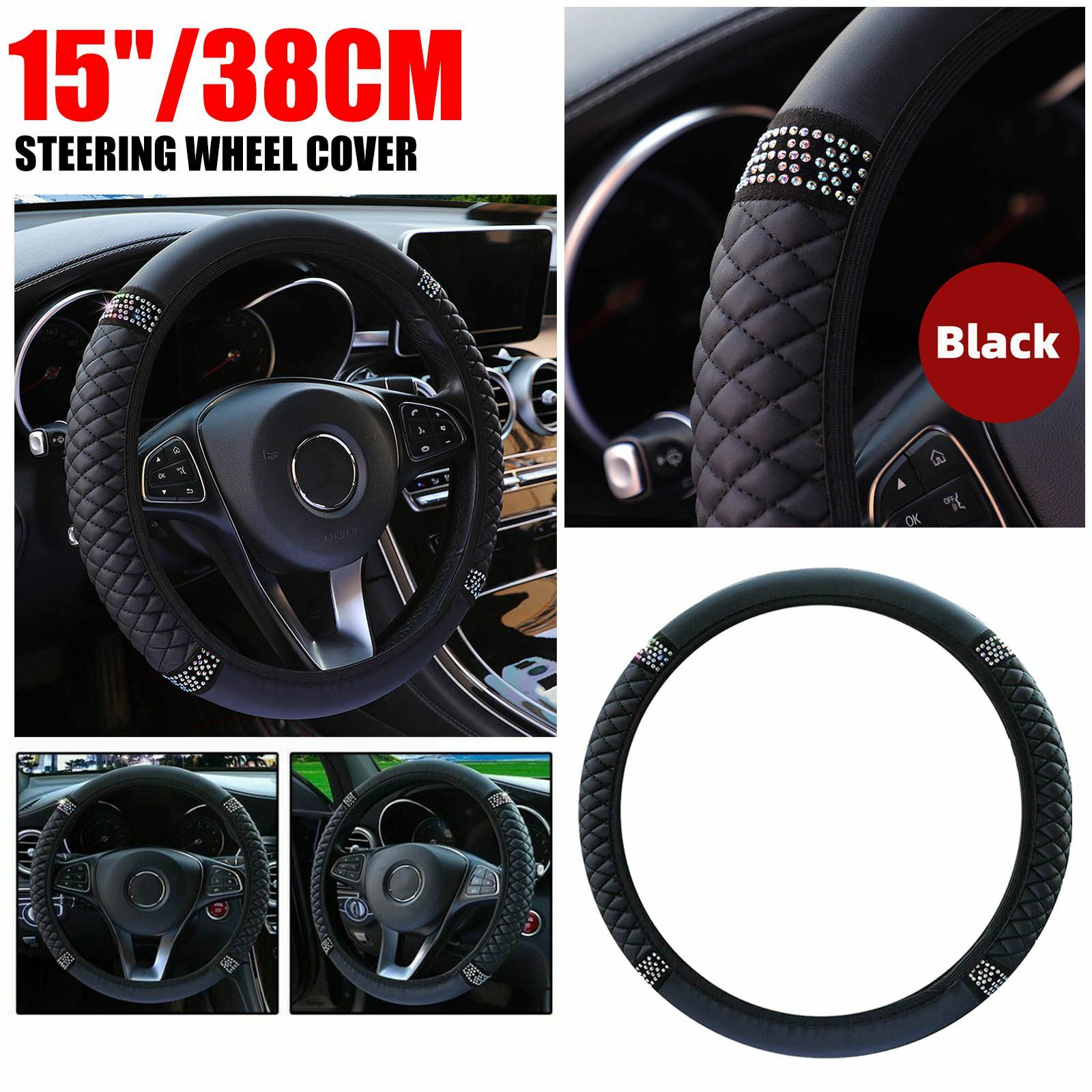 Car steering wheel cover with diamond sparkle rhinestone anti-slip, universal fit for 15-inch wheels
